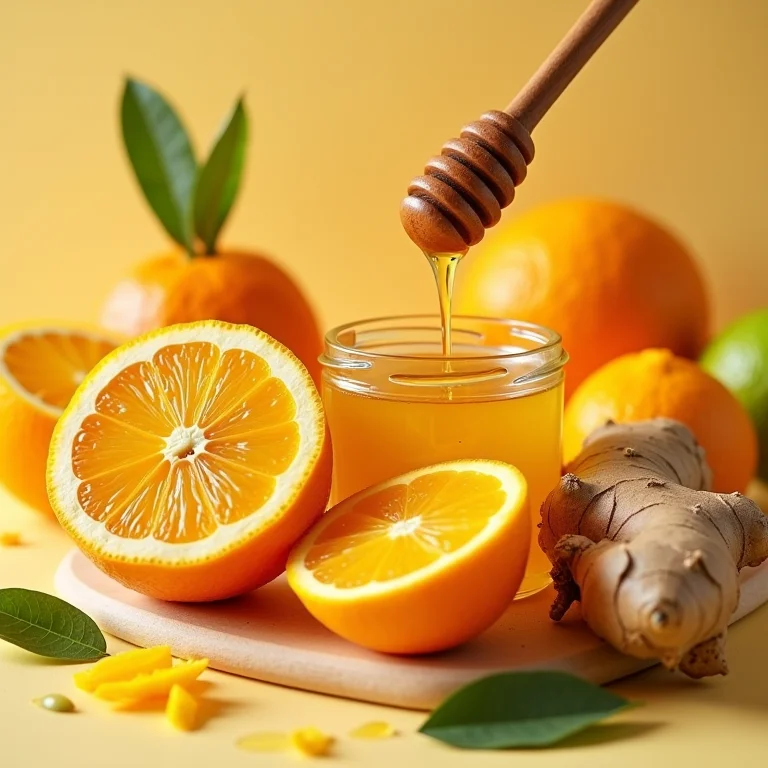 Alimentos que fortalecem o sistema imunológico, como frutas cítricas, gengibre e mel.