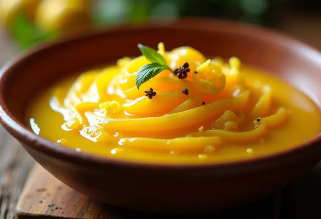 Ambrosia portuguesa cremosa com raspas de limão siciliano e cravos, servida em tigela rústica.