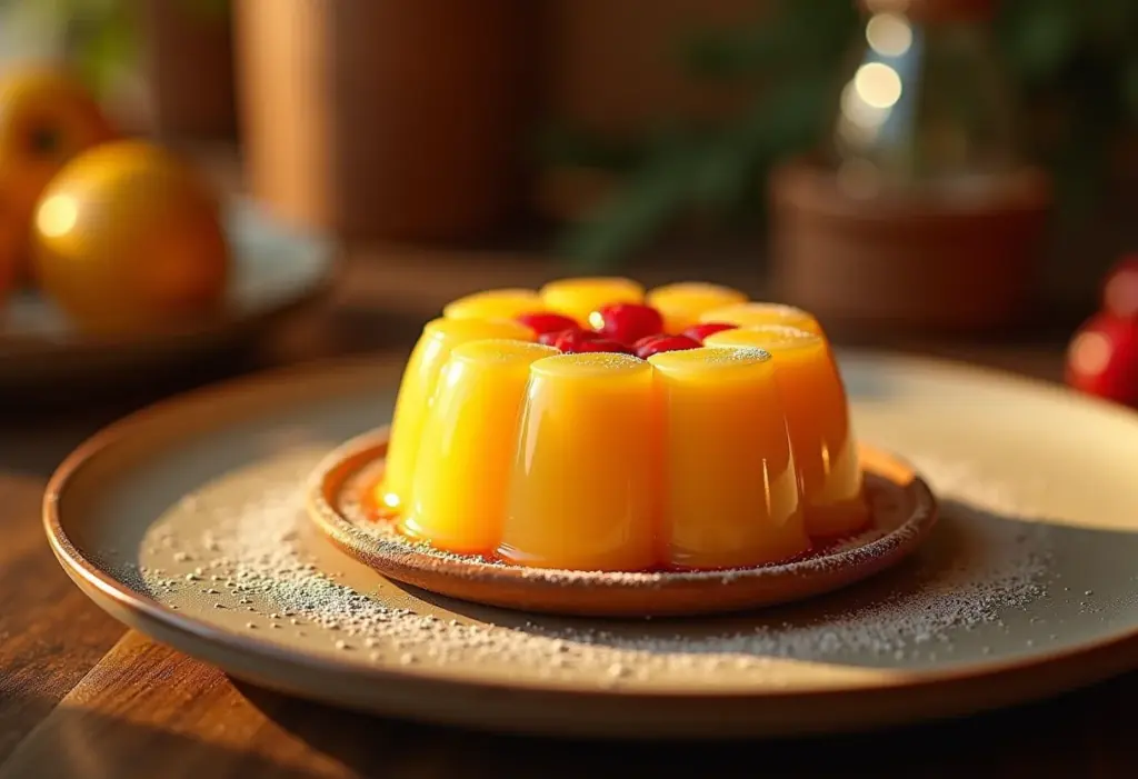 Ambrosia portuguesa tradicional com calda de ovos e cravos, servida em um ambiente rústico.