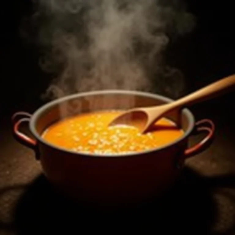 Ambrosia sendo preparada em uma panela, com vapor e uma colher de pau mexendo a mistura.