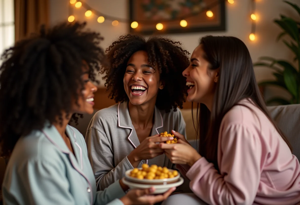 Amigas rindo e se divertindo em uma festa do pijama adulta