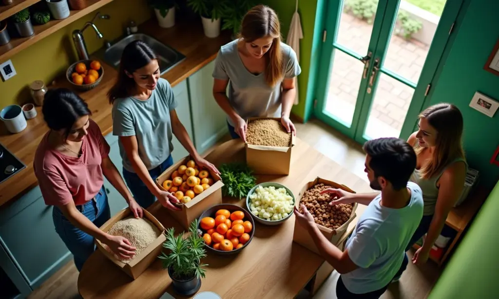 Amigos desempacotando compras de atacado em cozinha colorida.