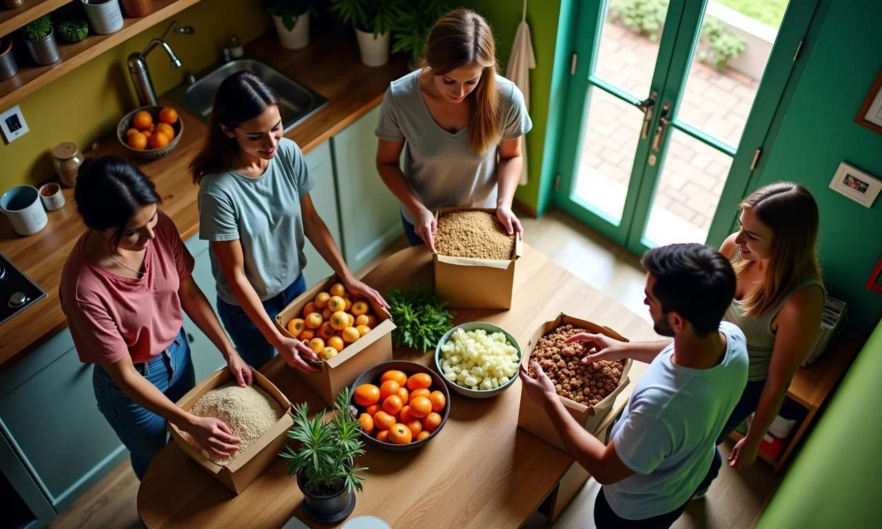 Amigos desempacotando compras de atacado em cozinha colorida.