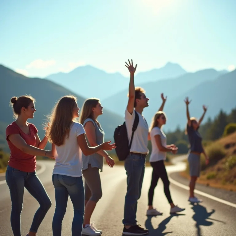 Amigos fazendo uma pausa em um mirante na estrada, aproveitando a vista e esticando as pernas