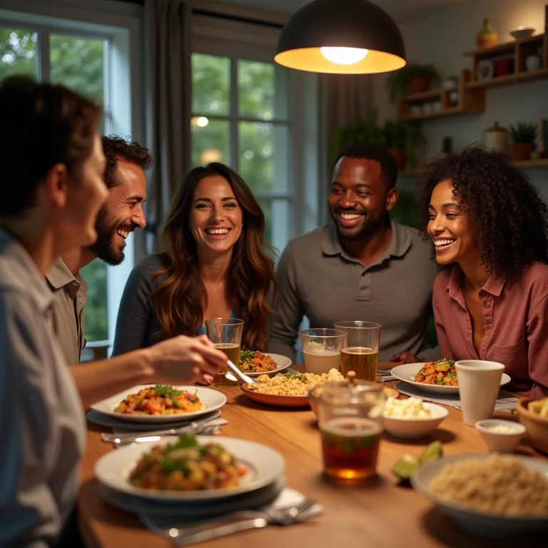 Amigos rindo e comendo pratos com grãos integrais.