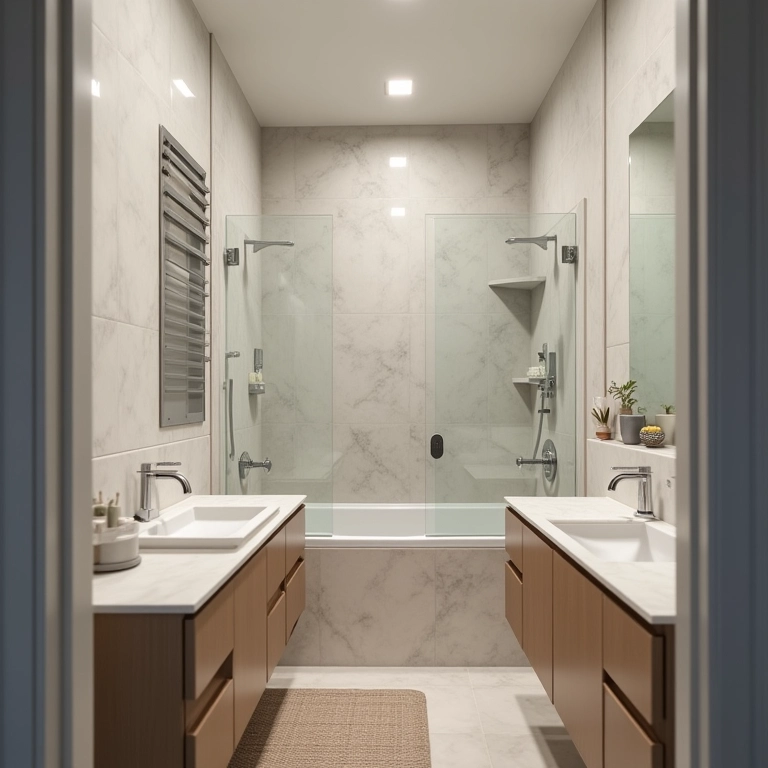 Análise do layout de um banheiro pequeno para otimizar o espaço.