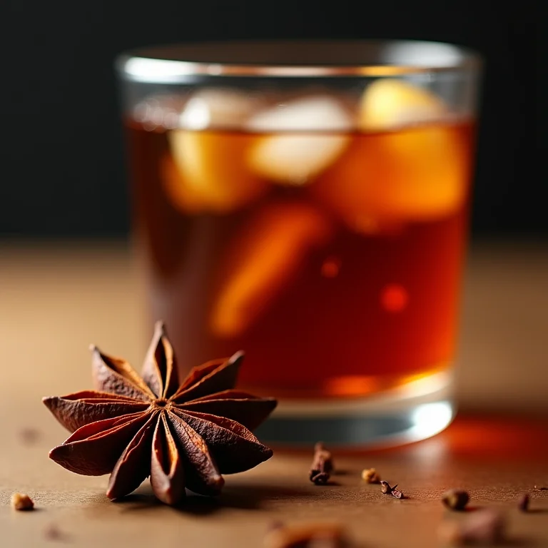 Anis estrelado ao lado de um copo de chá preto gelado.