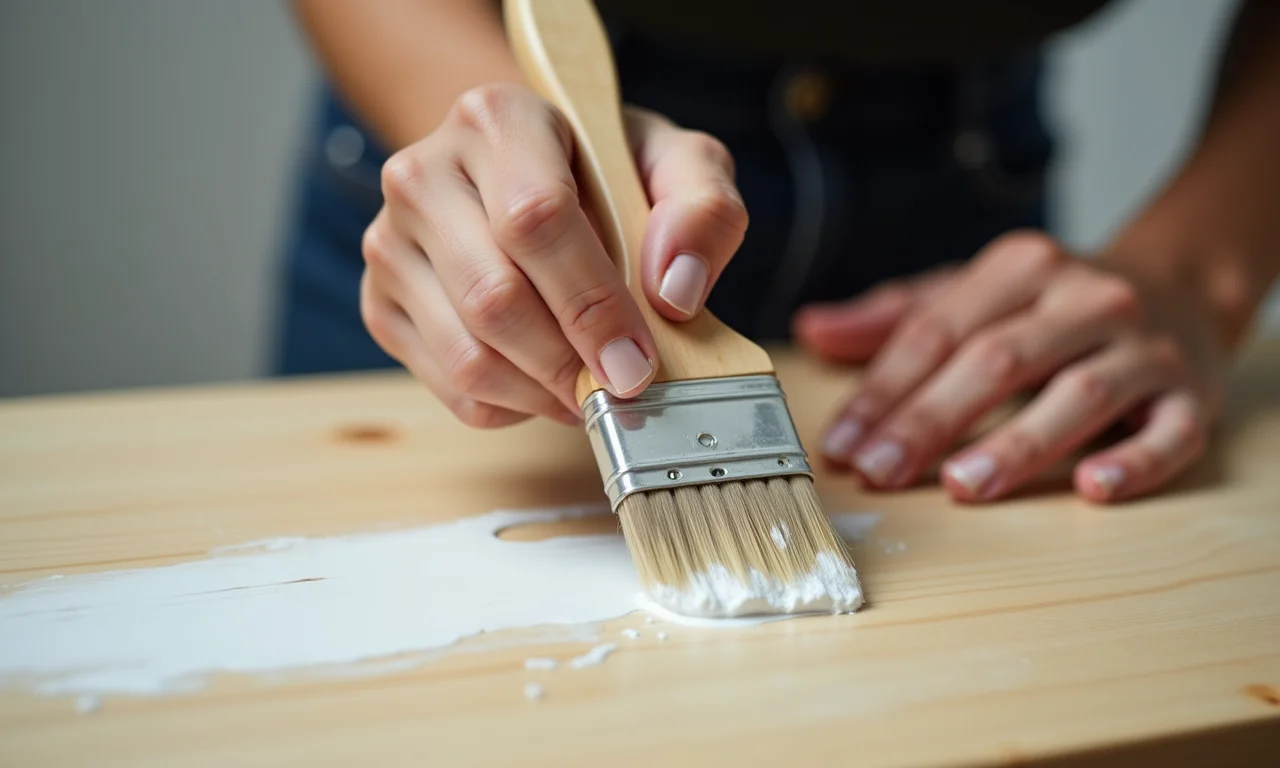 Aplicação de primer em superfície de madeira antes da pintura.