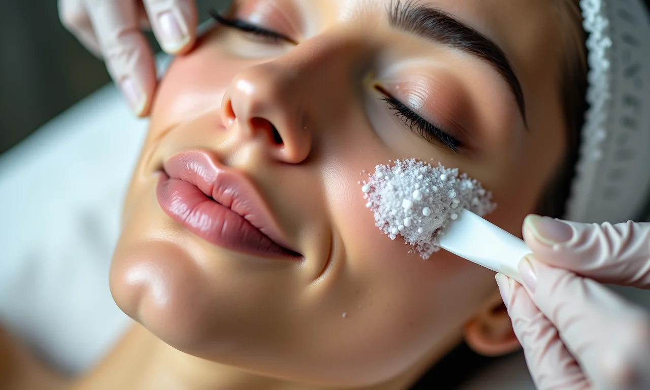 Aplicação de um peeling facial, revelando uma pele fresca e radiante com AHAs.