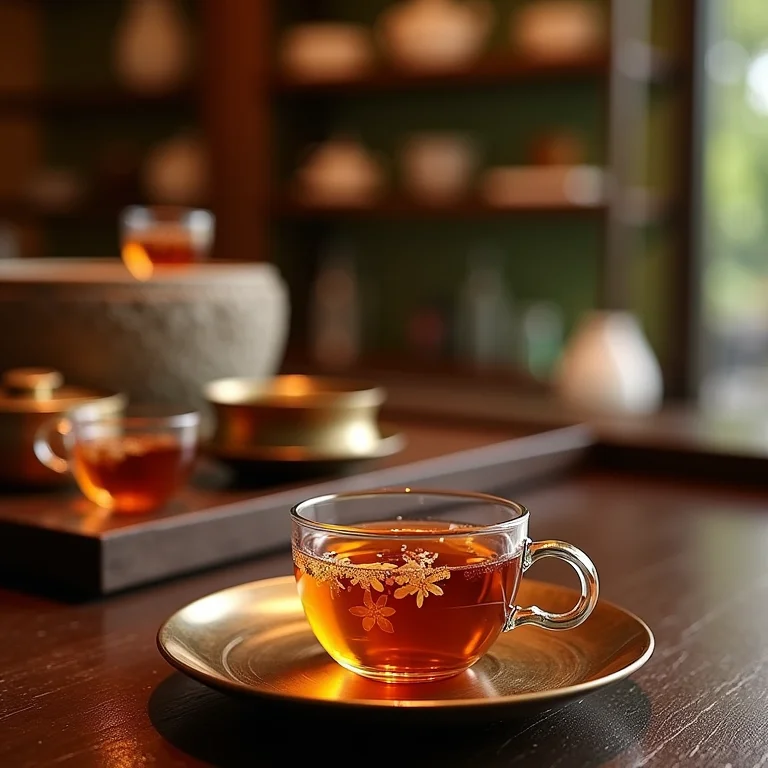 Apresentação luxuosa do chá de jasmim na Moncloa Tea Boutique, um ambiente sofisticado.