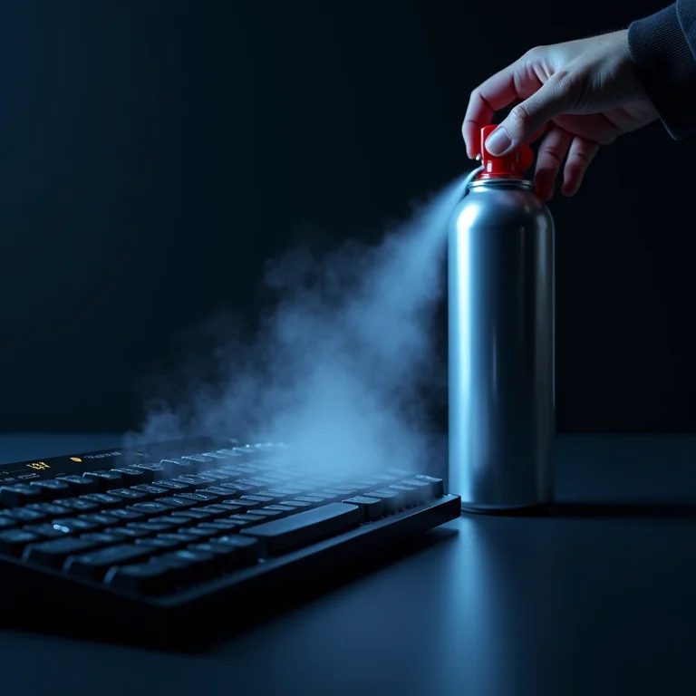 Ar comprimido removendo poeira de um teclado de notebook.