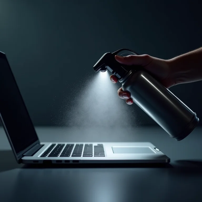 Ar comprimido sendo usado para remover poeira do teclado de um notebook.