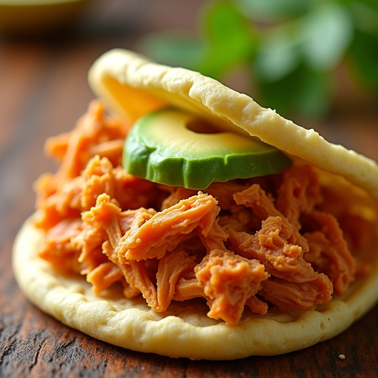 Arepa recheada com frango desfiado e abacate, com cores vibrantes.
