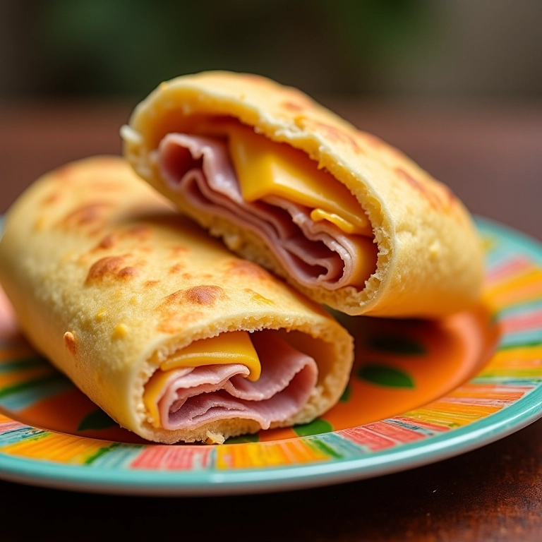 Arepa recheada com queijo e presunto, cortada ao meio para mostrar o recheio.