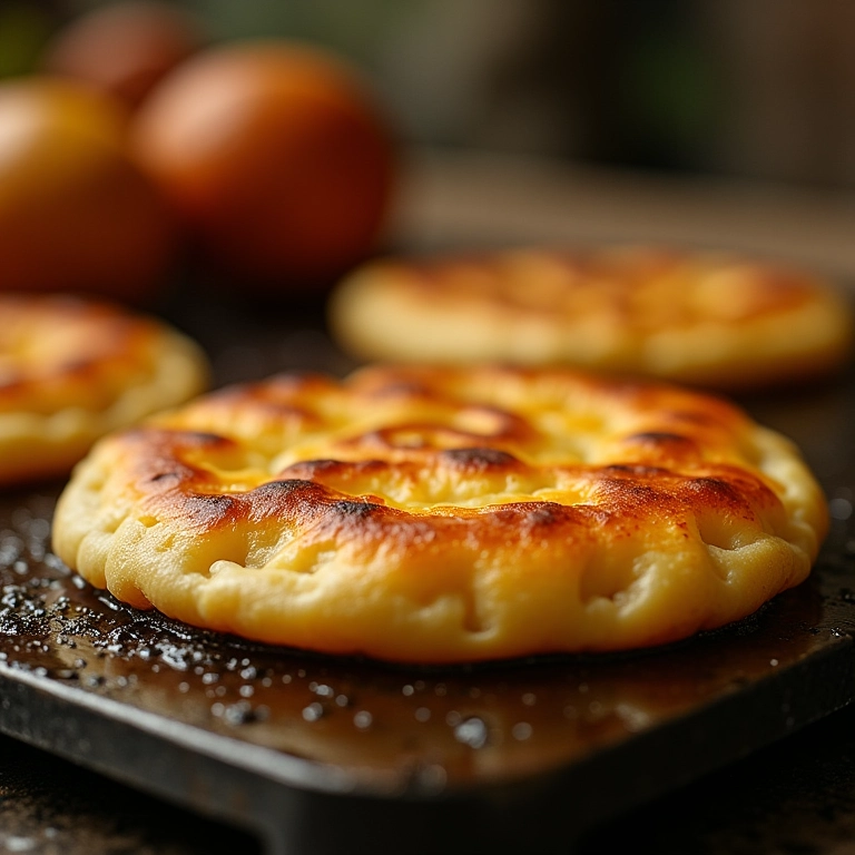 Arepas venezuelanas douradas sendo preparadas em uma chapa quente.
