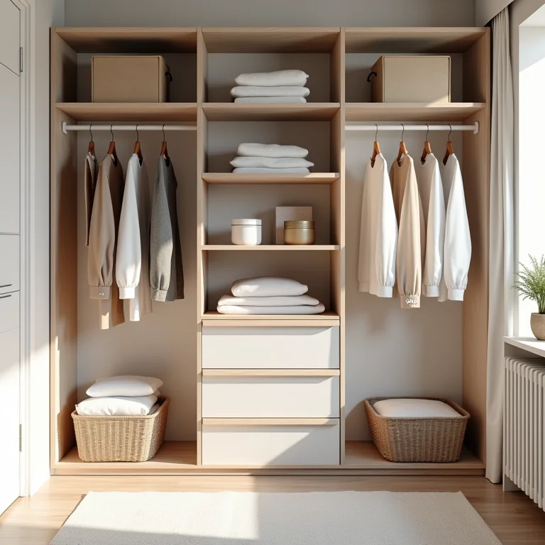Armário organizado e minimalista com roupas e acessórios.