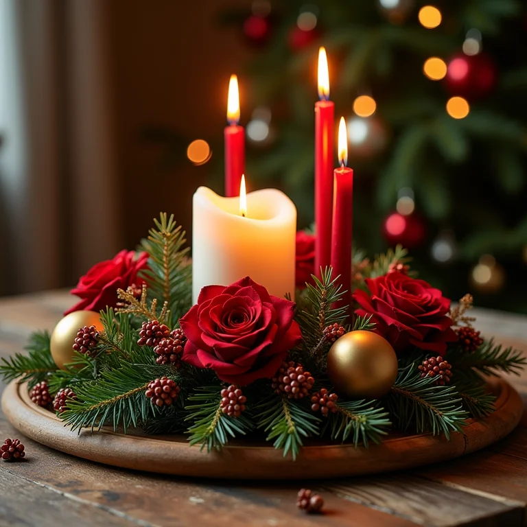 Arranjo central criativo na mesa de Natal.