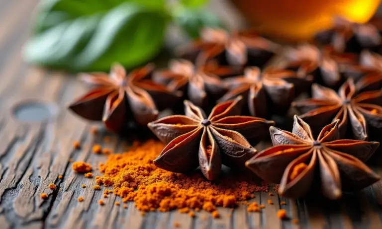 Arranjo de anis estrelado em mesa rústica, destacando sua textura e aroma.