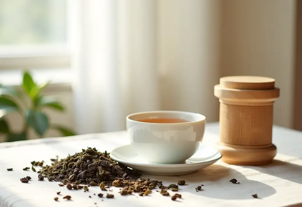 Arranjo de chás, xícara de porcelana e acessórios sustentáveis para chá