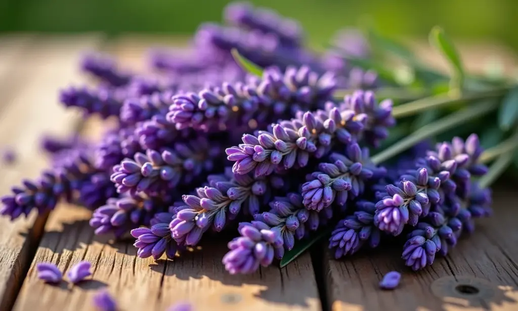 Arranjo rústico com lavanda fresca e seca em mesa de madeira.