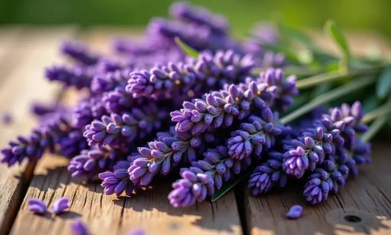 Arranjo rústico com lavanda fresca e seca em mesa de madeira.