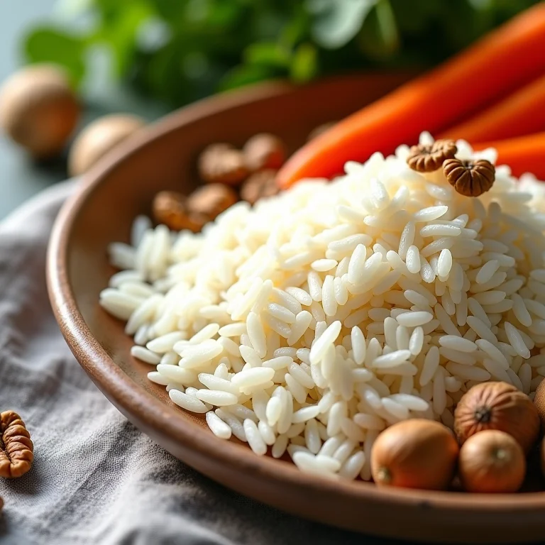 Arroz cozido com vegetais frescos, nozes e sementes.