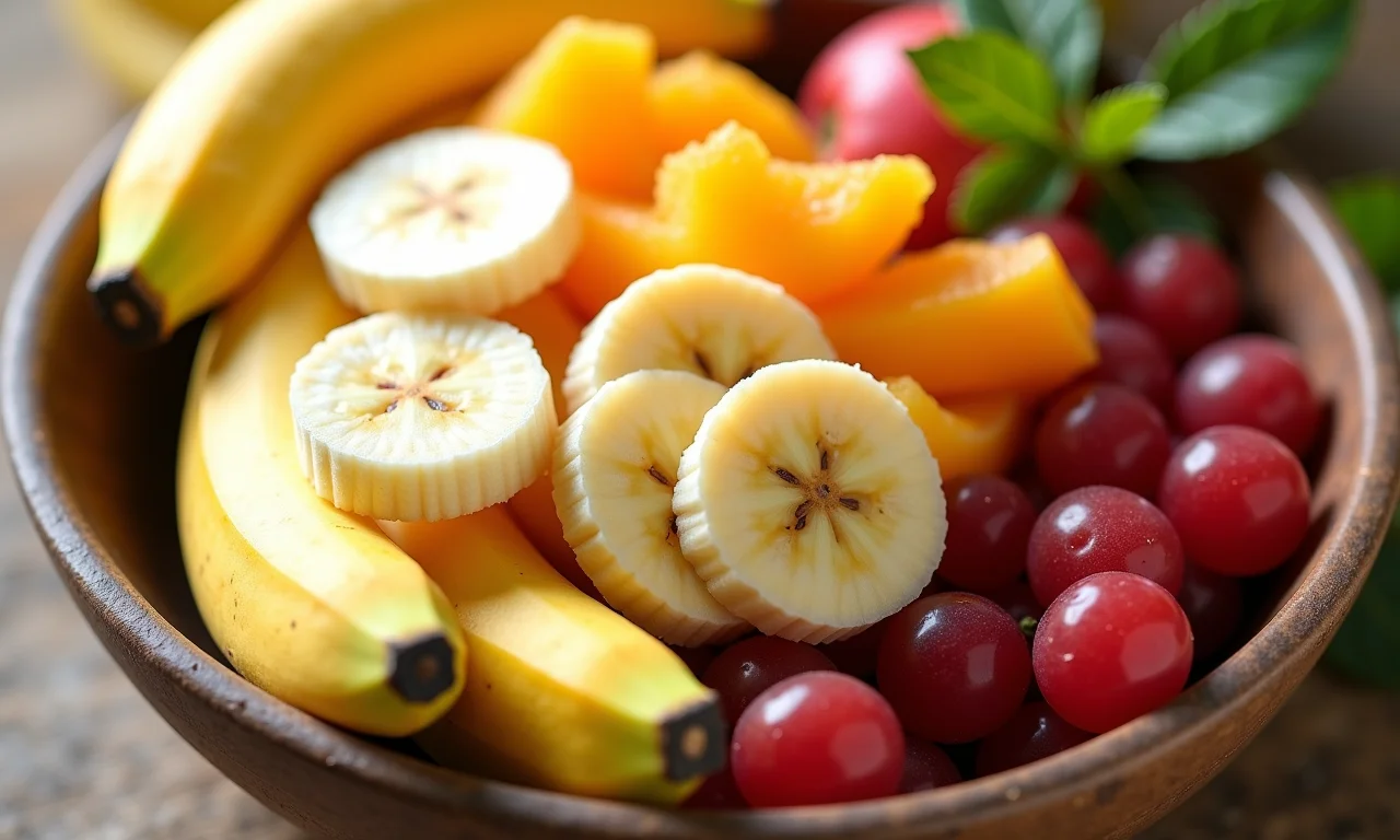Banana fatiada em tigela com frutas coloridas, representando fonte de energia.