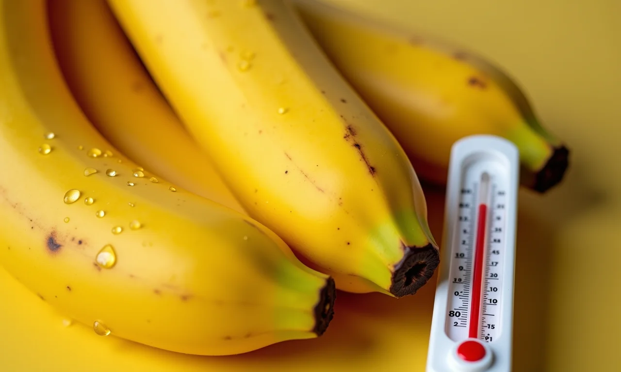 Banana madura ao lado de termômetro, representando a relação entre banana e dengue.