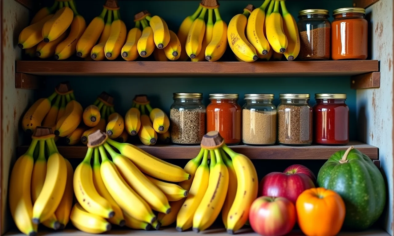 Bananas armazenadas longe de outras frutas em despensa brasileira.