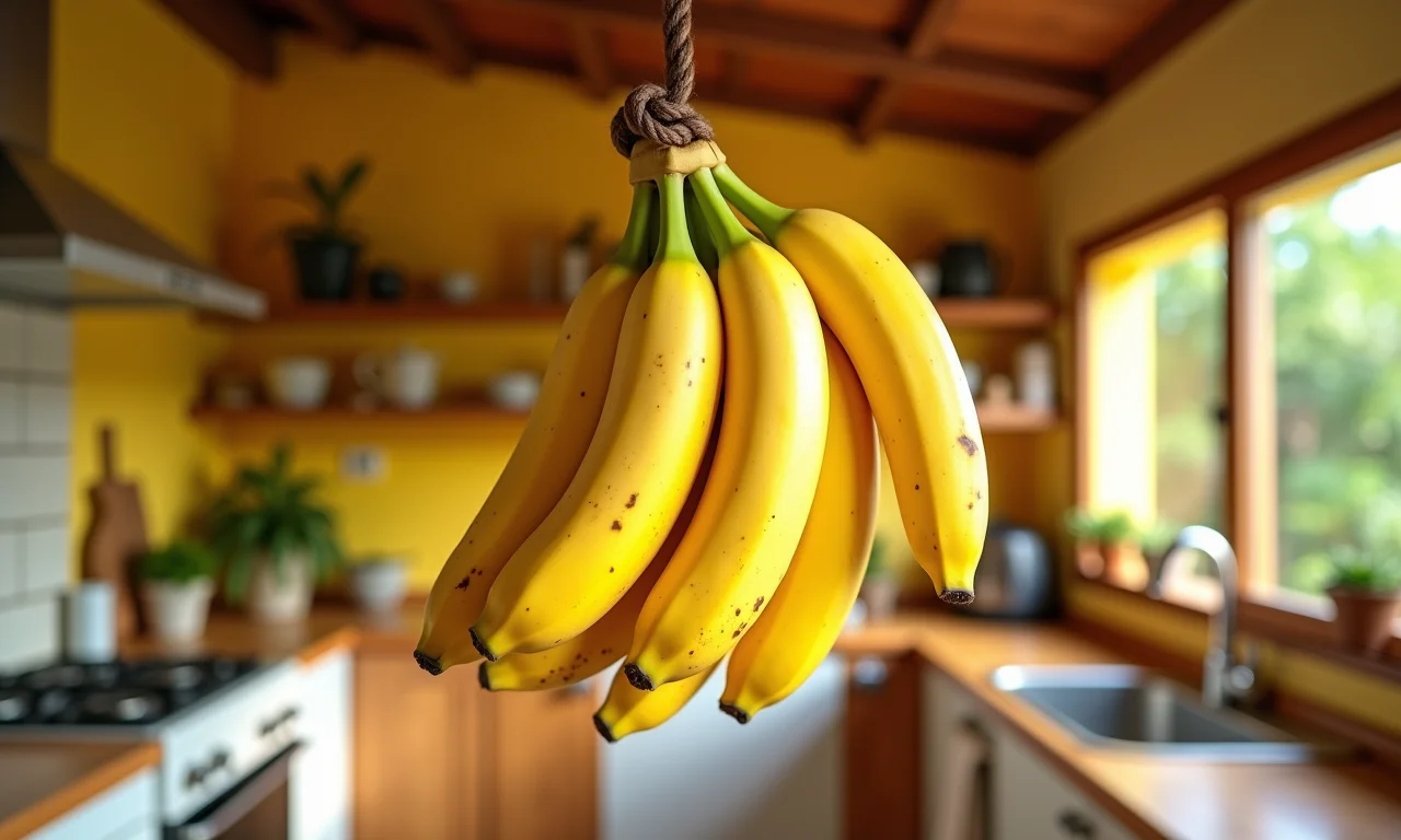 Bananas penduradas em gancho na cozinha para melhor conservação.