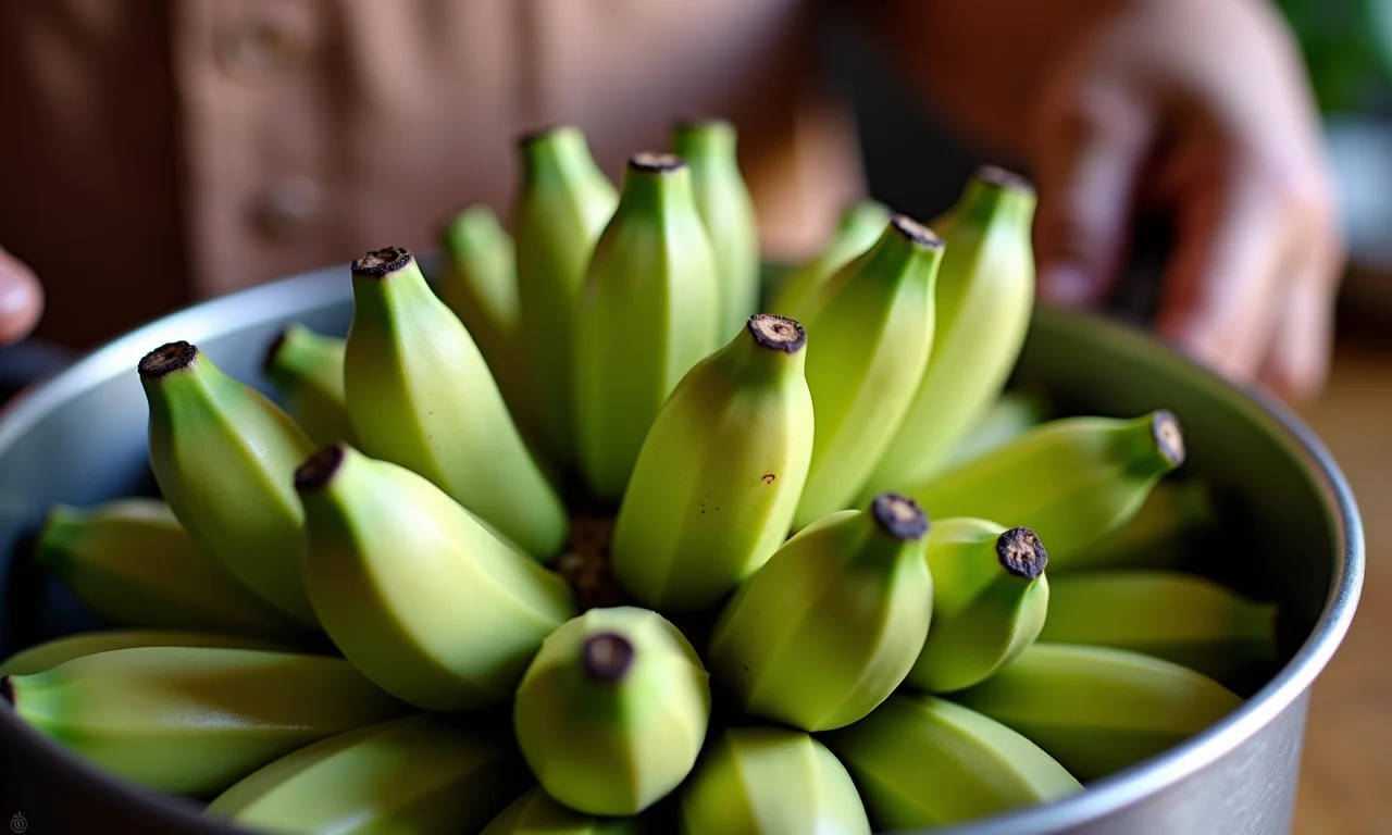 Bananas verdes cozinhando para preparar biomassa.