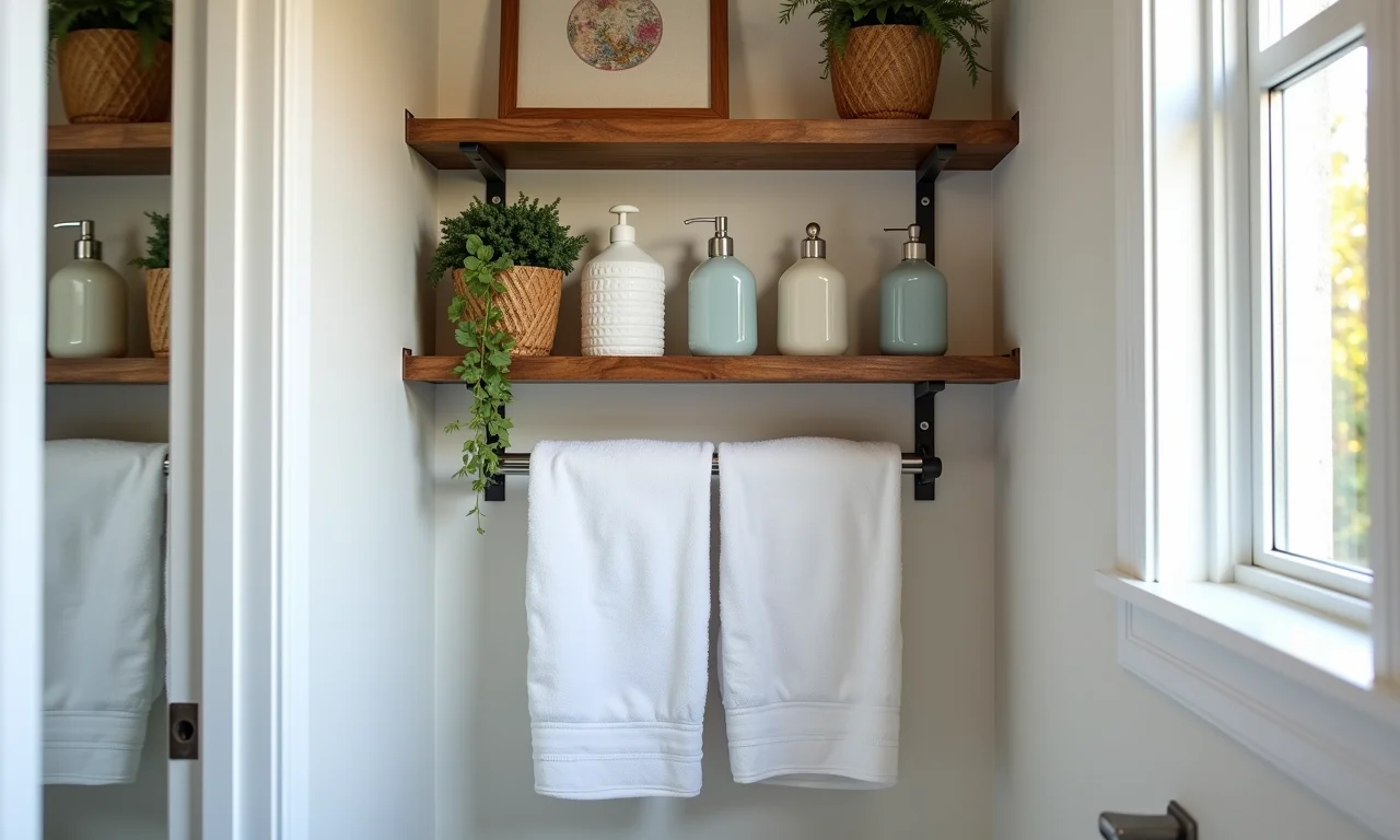 Banheiro pequeno com nichos de caixote para organizar toalhas e produtos de higiene.