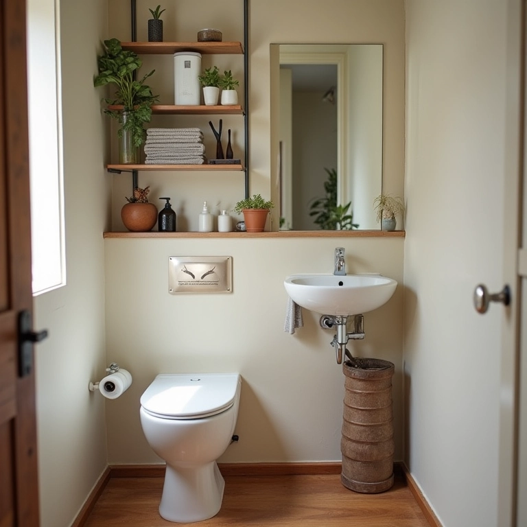 Banheiro pequeno com prioridades bem definidas e design minimalista.