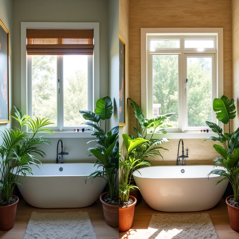 Banheiro pequeno transformado com decoração vibrante e luz natural.