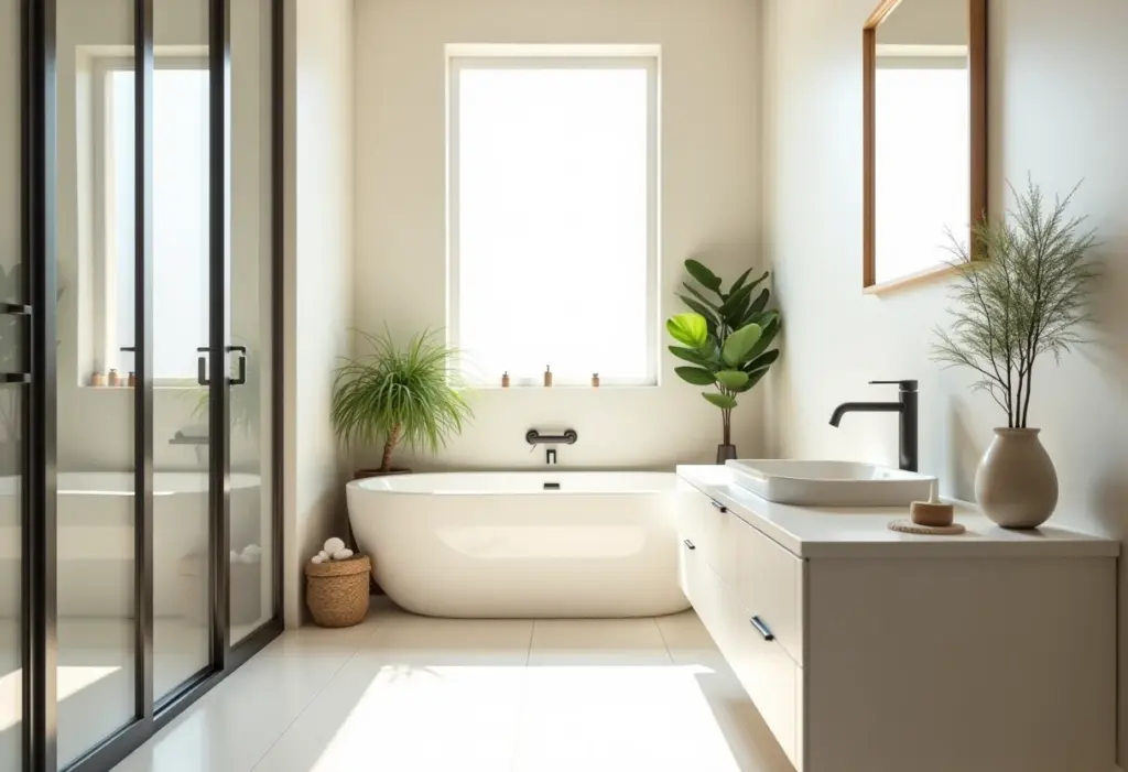 Banheiro planejado pequeno com design minimalista e iluminação natural