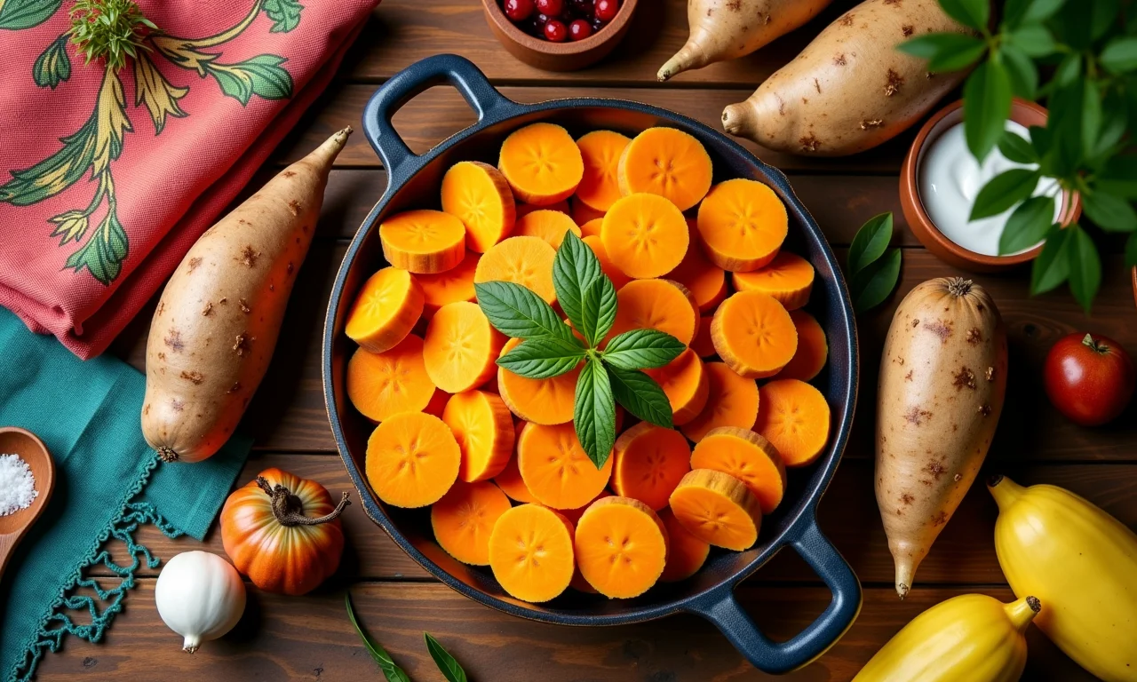 Batata doce e mandioca cruas lado a lado, prontas para o preparo.
