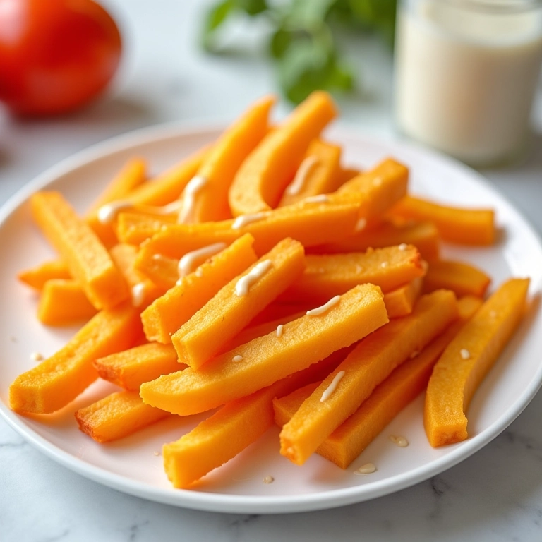 Batata Doce frita artisticamente dispostas em um prato branco.