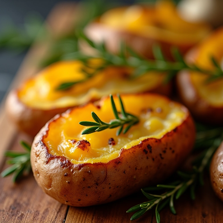 Batata Inglesa assada com alecrim e alho, pele dourada e crocante.