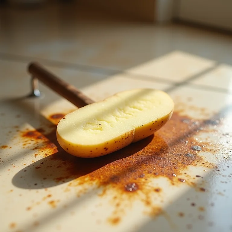 Batata sendo usada para limpar mancha de ferrugem em piso de linóleo.