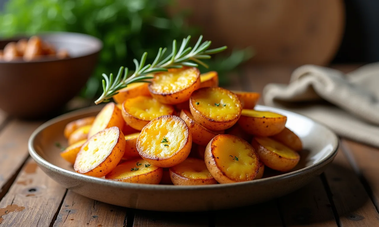 Batata Uai assada com alecrim em mesa rústica.