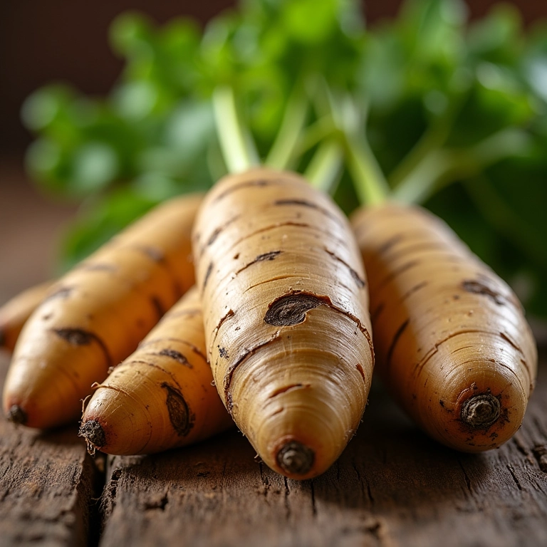 Batata Yacon fresca em mesa de madeira rústica.