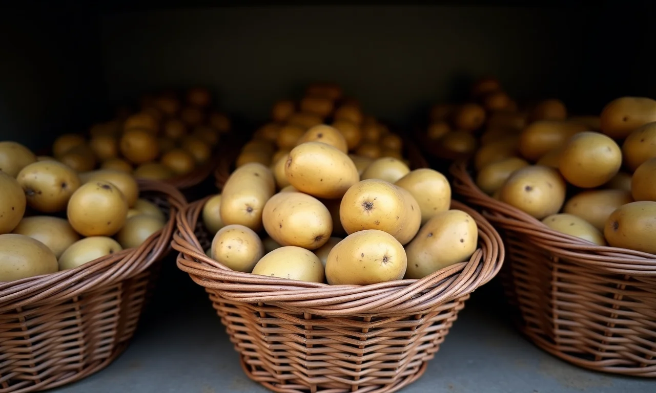 Batatas armazenadas em local fresco e escuro, em cestas de vime ventiladas.