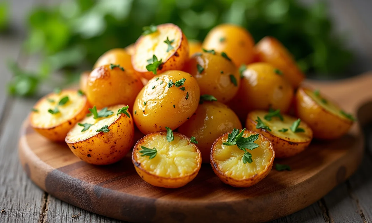 Batatas assadas no forno com temperos e ervas, prontas para servir.