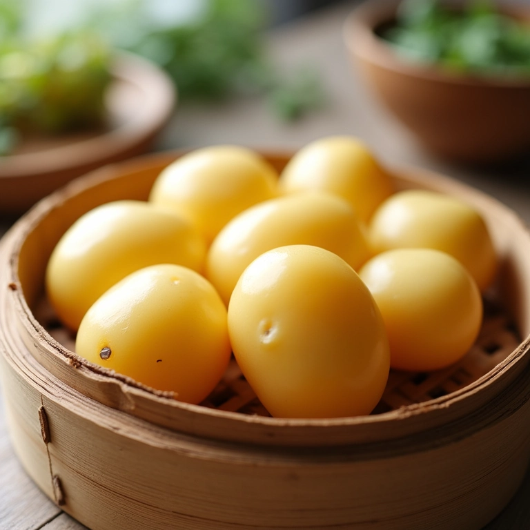 Batatas cozidas no vapor em um cesto de bambu, representando um método de preparo saudável.