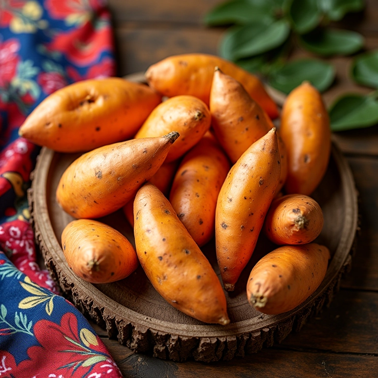 Batatas doces em mesa rústica com tecidos coloridos, representando uma opção saudável para diabéticos.