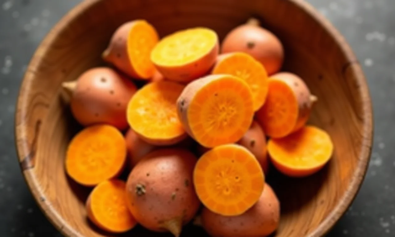 Batatas doces laranja inteiras e fatiadas em uma tigela de madeira.