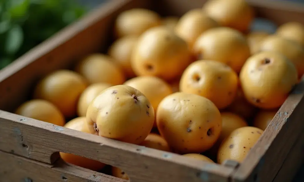 Batatas frescas em caixa de madeira com uma batata brotada em destaque.