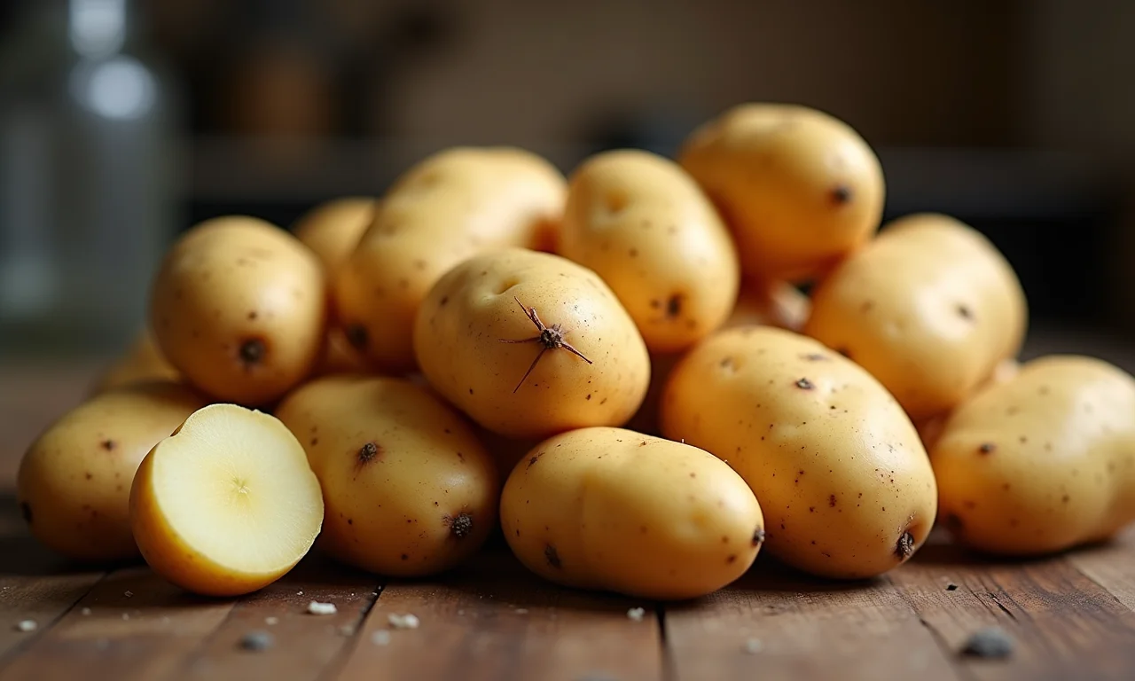 Batatas inglesas empilhadas, algumas descascadas, destacando sua textura natural.