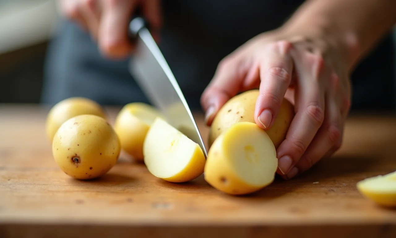Batatas sendo cortadas em fatias uniformes em uma tábua de madeira.