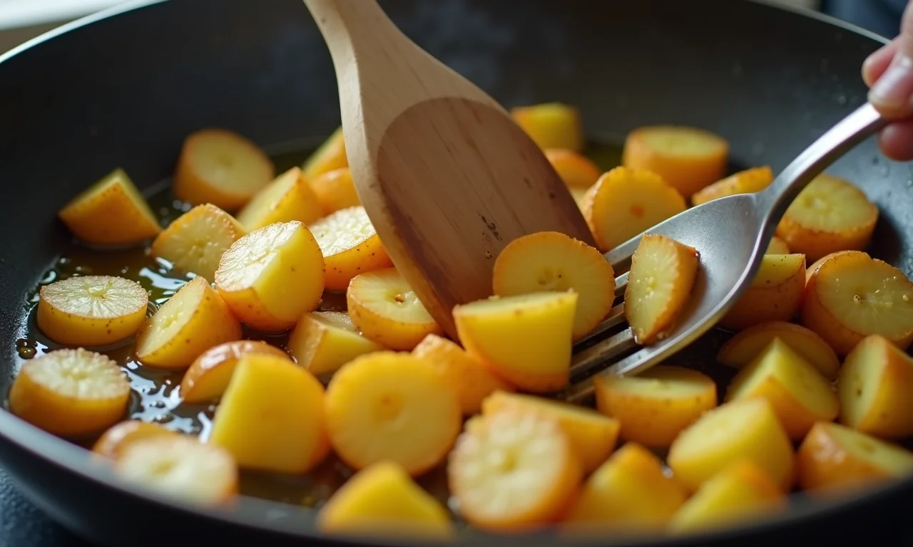 Batatas sendo fritas para a receita de batatas bravas.